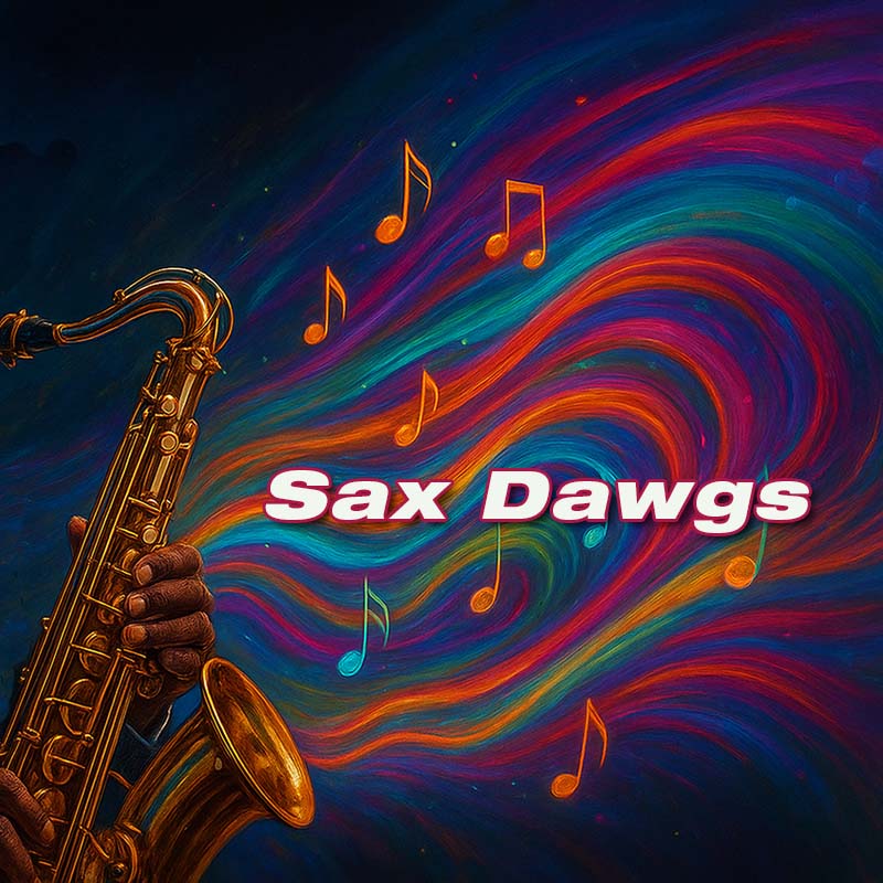 Sax Dawgs stylized graphic with saxophone.